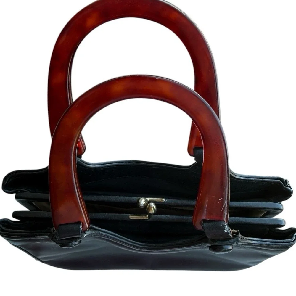 Vintage Dofan Black Leather Kiss Lock Purse‎ Tortoiseshell Lucite Top Handle Bag